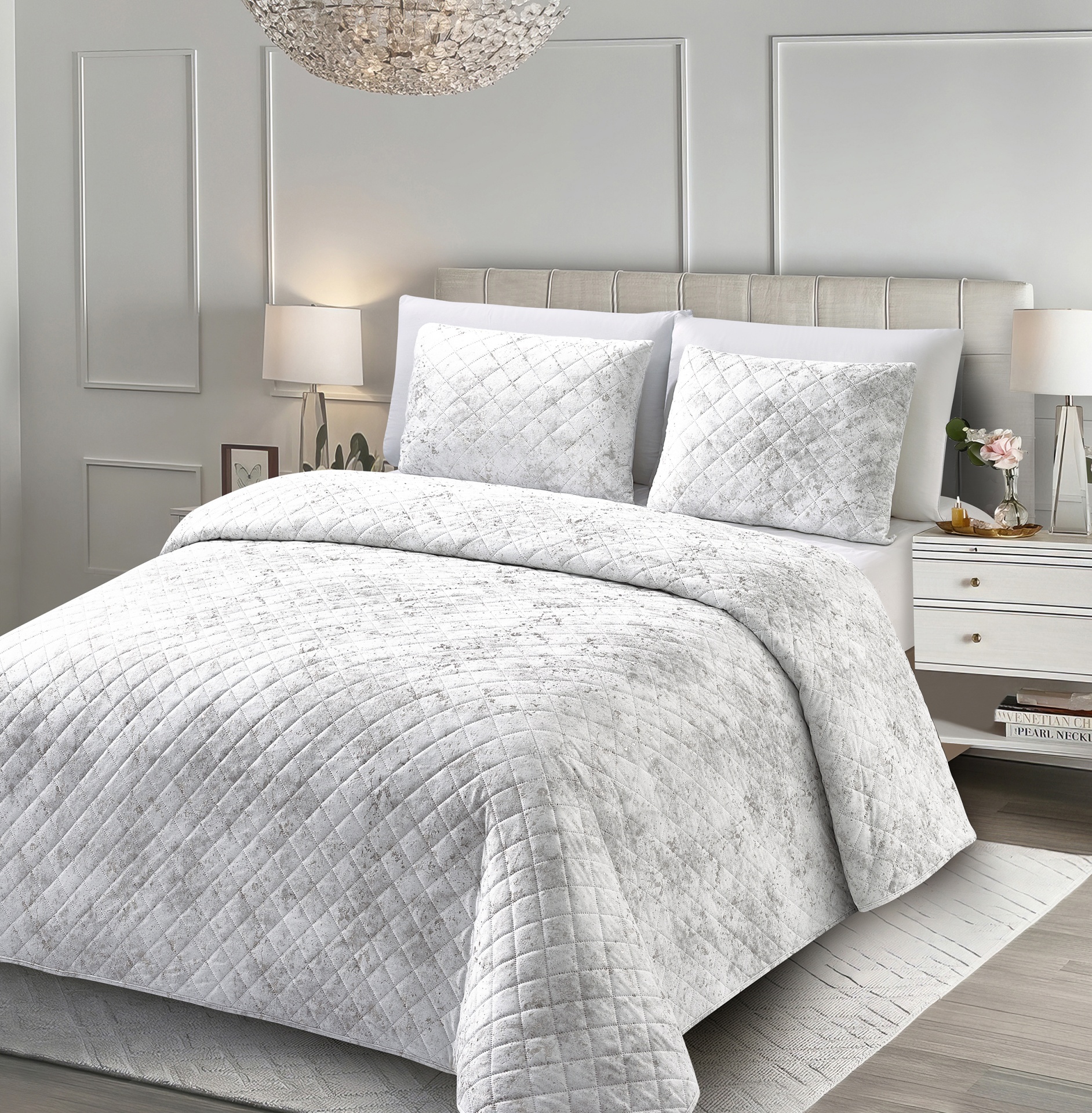 Colcha Veludo Gloss Branco Brilho Prata