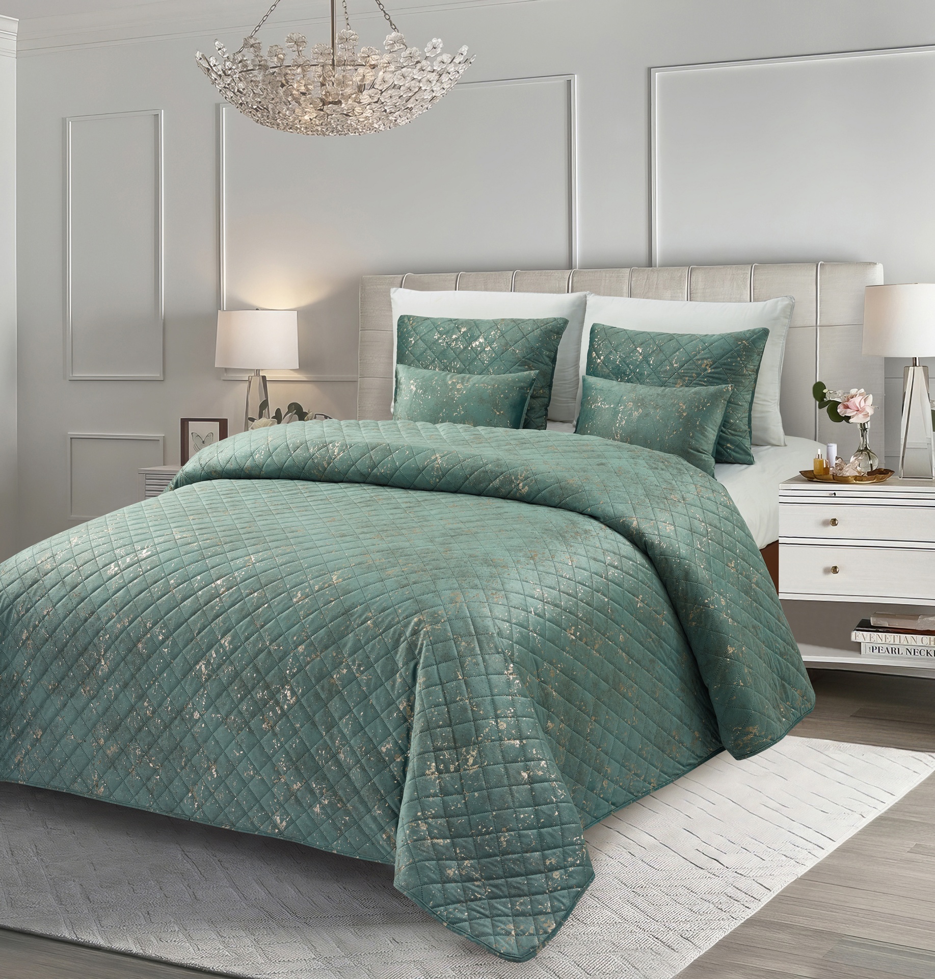 Colcha Veludo Gloss Verde Brilho dourado