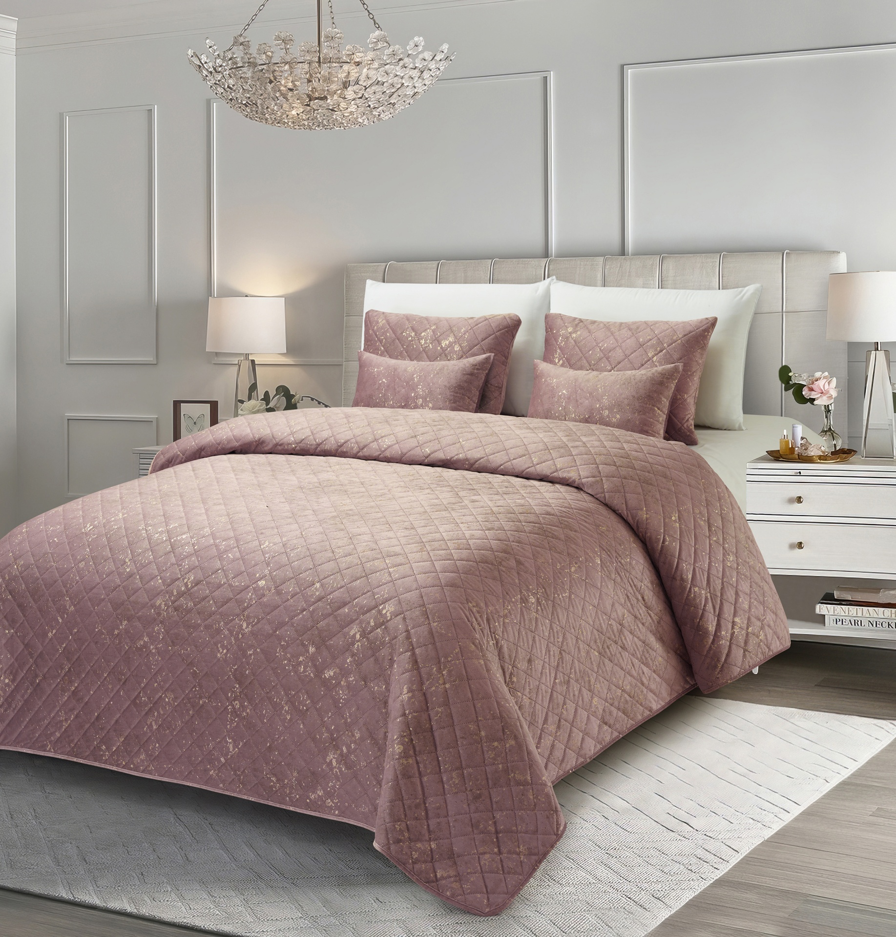 Colcha Veludo Gloss Rosa com brilho Dourado